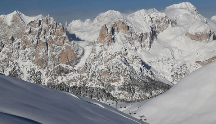De Val Jumela in het Buffaure skigebied bij Pozza di Fassa. Vanuit welke plek je ook kijkt, de Dolomieten blijven imposante bergen. © Tourismusverband Val di Fassa