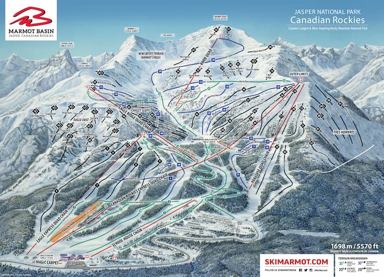 Pistenkaart skigebied Marmot Basin in Jasper © Marmot Basin