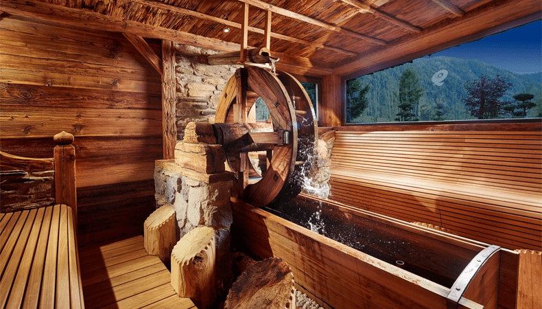 Heb jij wel eens in een waterrad-sauna gezeten? © Michael Huber (Hotel Quelle Nature Spa Resort)