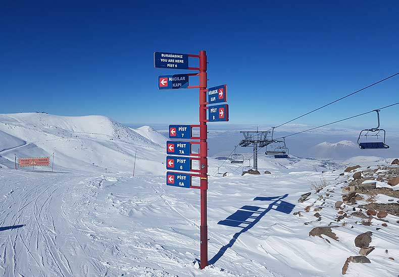 Skiturks is niet zo moeilijk. Een kind snapt dat de pistes in dit gedeelte van skigebied Erciyes rood zijn. © Skigebiedengids.nl