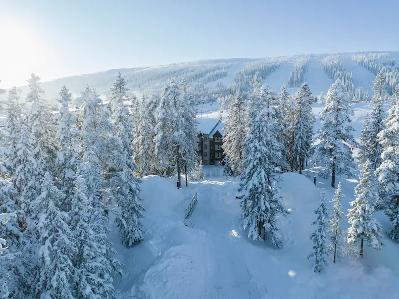 Vrijwel alle hotels, appartementen, chalets en vakantiehuizen in skigebied Lindvallen liggen tussen de bomen en aan de piste. © Skistar
